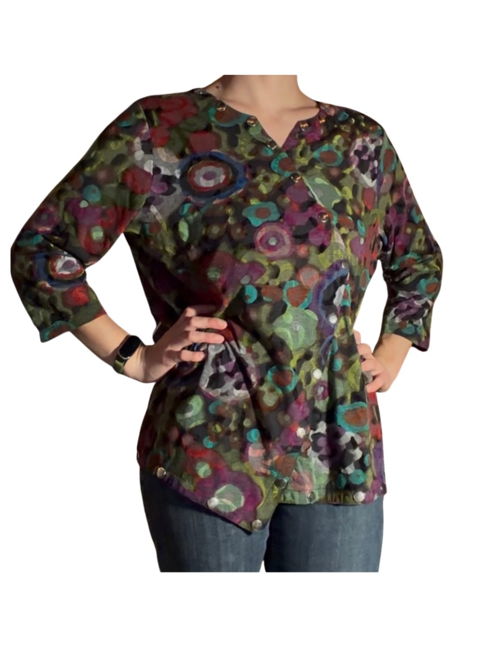 Women’s Multicolor Abstract Floral Button-Accent Blouse - Green Base